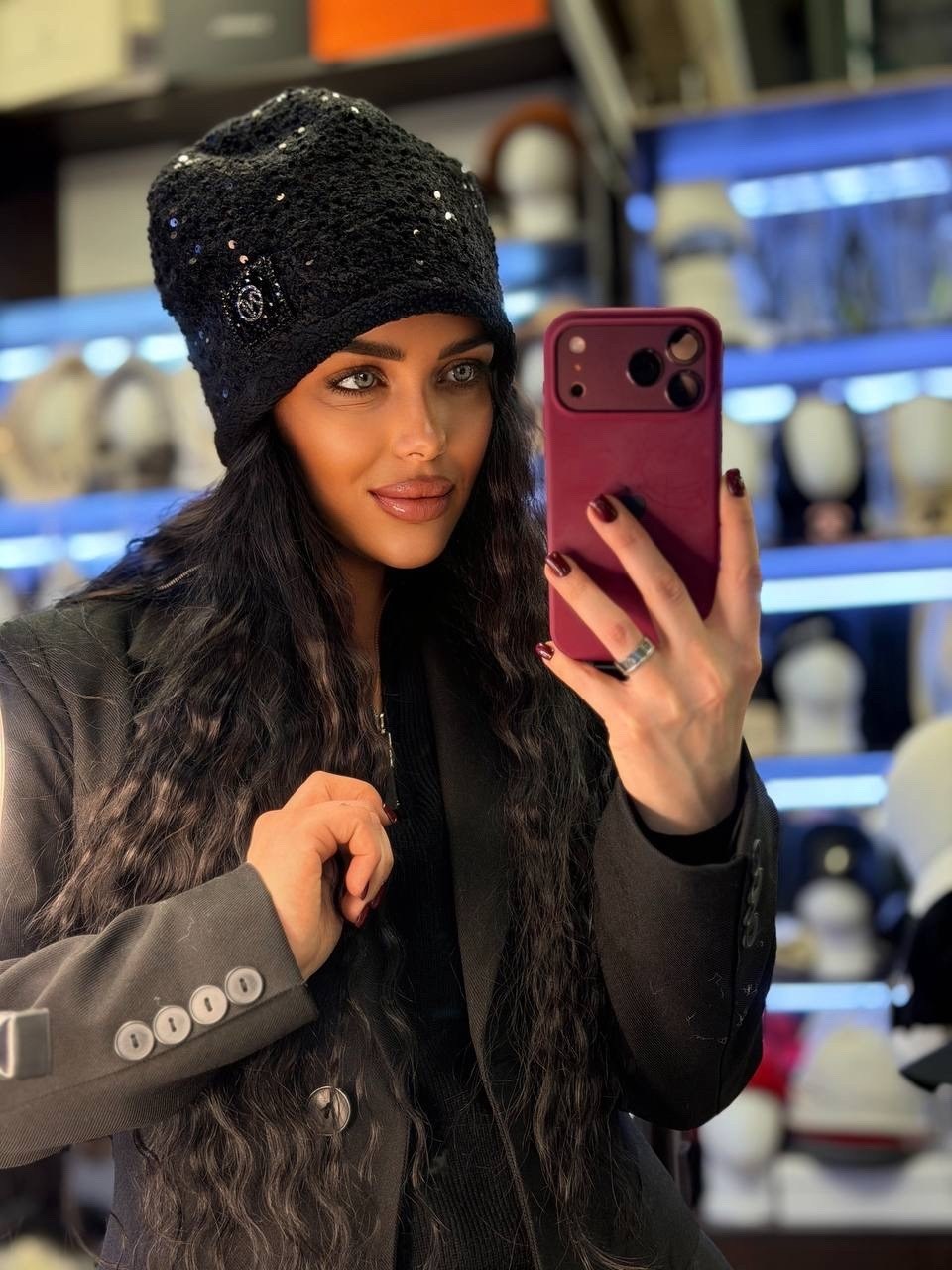 шапка вязаная со стразами и с затяжкой haianh fashion,меховая шапка,зимние шапки,шапка женская,шапка из ангора с люрексом aikow&i