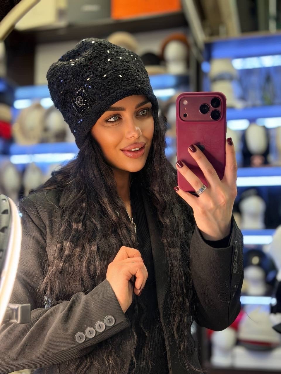 шапка вязаная со стразами и с затяжкой haianh fashion,меховая шапка,зимние шапки,шапка женская,шапка из ангора с люрексом aikow&i