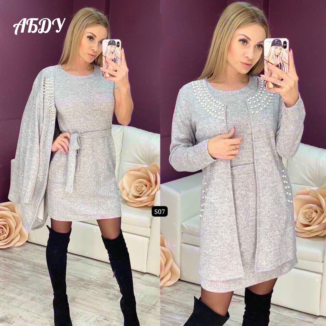 платье женское двойка,платье женская,женское платье теплое,вязаные платья,платье кардиган