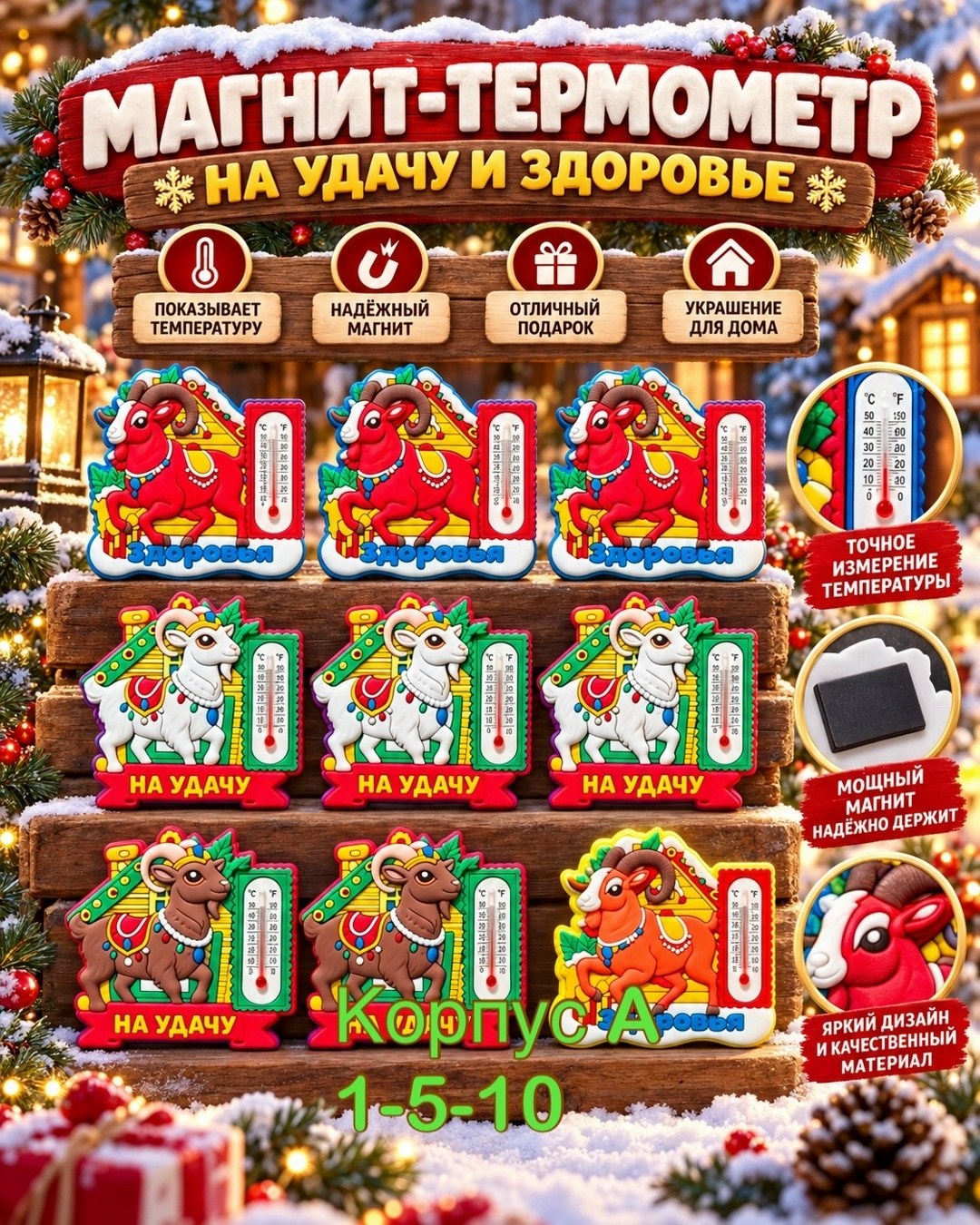 сувенирный магнит с термометром "новогодний" 9 см,магнит с термометром "новогодний" 9 х 9 см,сувенирный магнит с термометром "новогодний" 9 см сима-ленд,набор новогодних магнитов,новогодние магниты