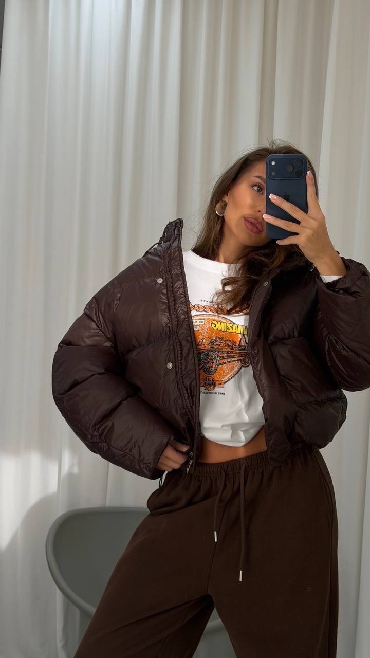 womens puffer jacket cropped,куртка женская,женская однотонная свободная куртка-пуховик,короткая куртка,женский короткий пуховик