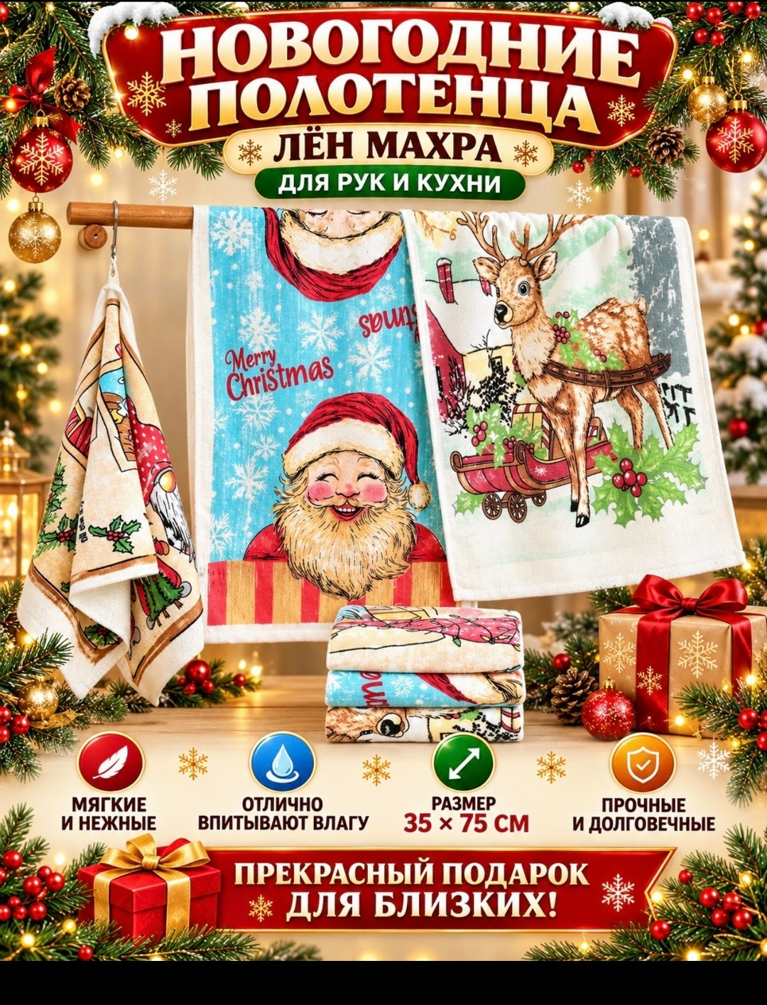 кухонное полотенце новогоднее,новогоднее полотенце,полотенца кухонные подарка,набор кухонных полотенец новогодние,белорусский лен полотенце кухонное