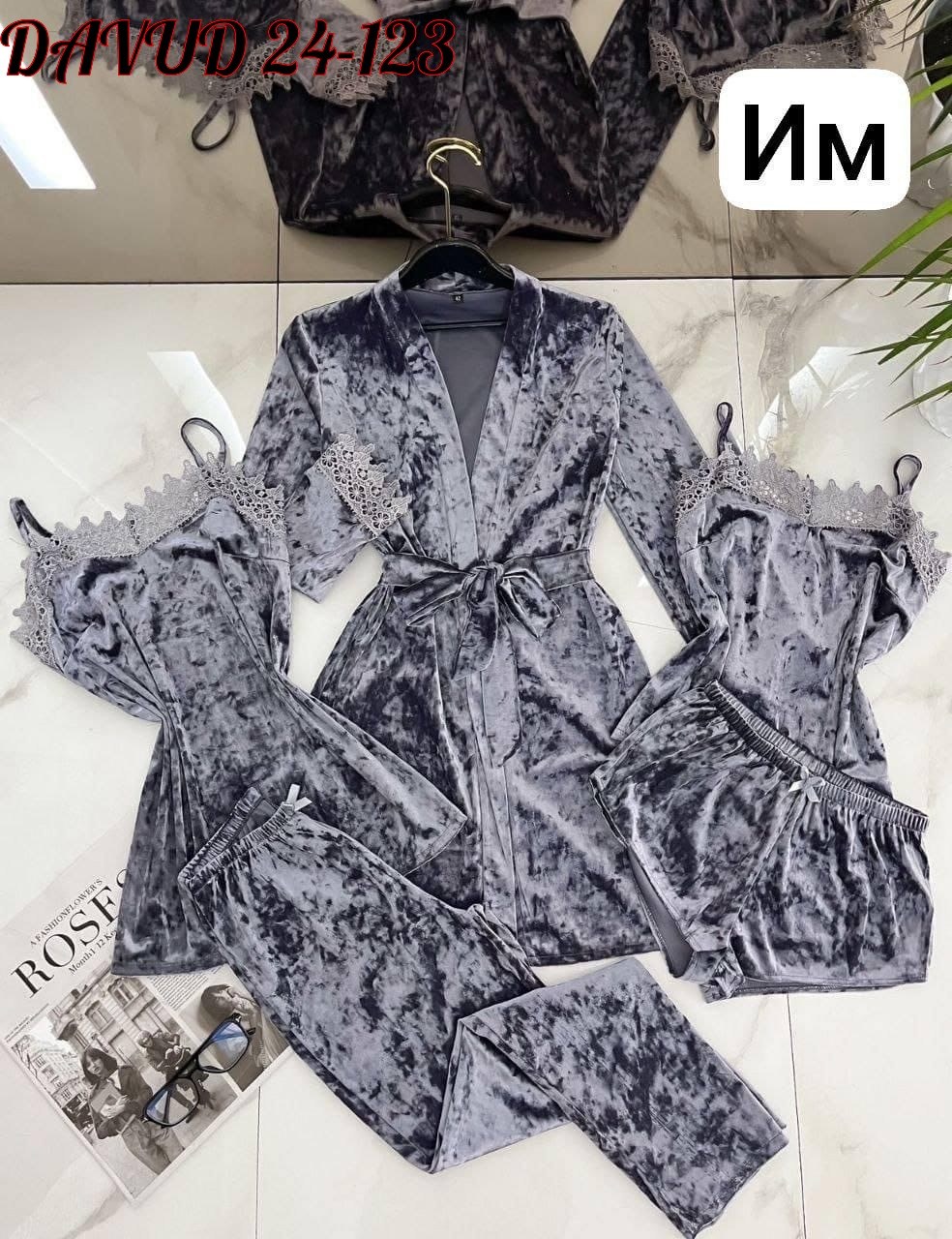 комплект пижам 5 в 1,женские пижамы из бархата,комплект пижамный тройка велюр,пижама велюр,пижама бархат