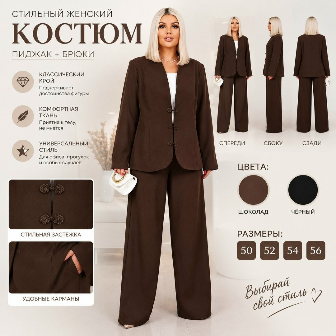 брючный костюм vilena 1119 шоколад,костюм женский классический,костюм брючной деловой,костюм женский классический брючный,брючный костюм классический