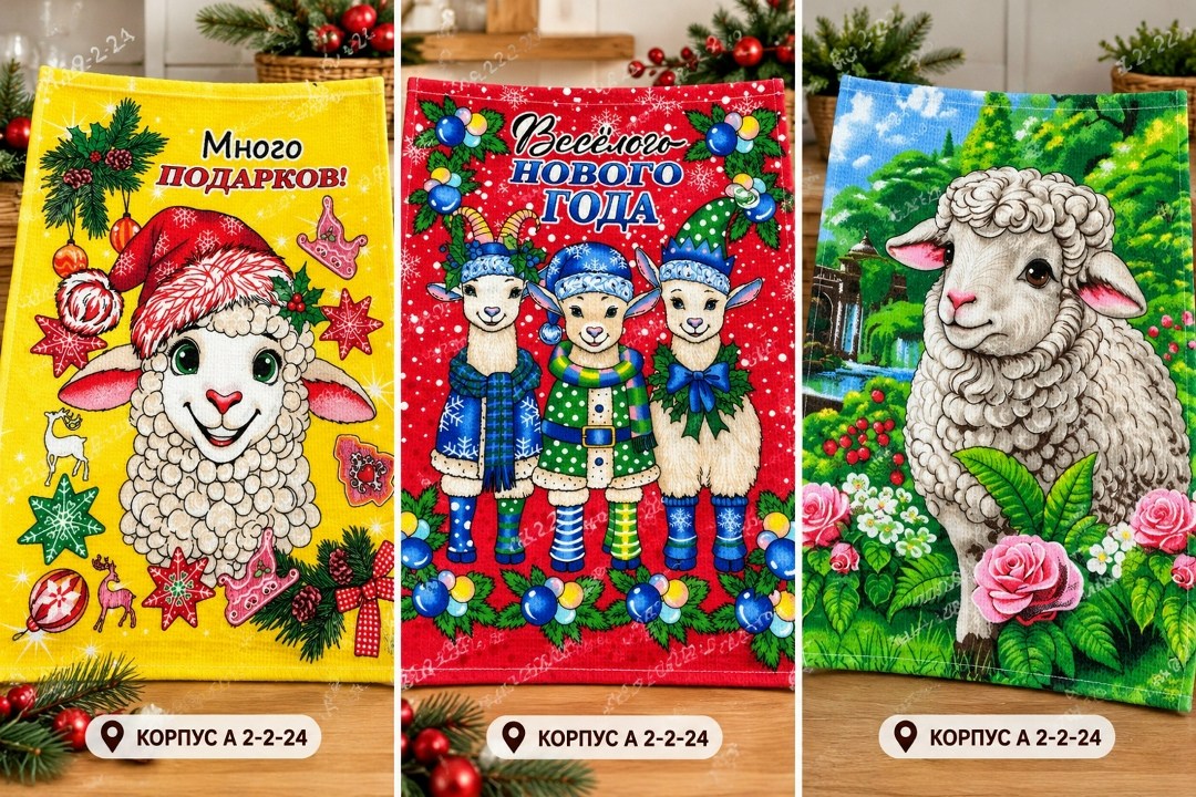полотенца новогодние,новогодняя овечка,подарки для детей,набор вафельные полотенца,новогодняя открытка