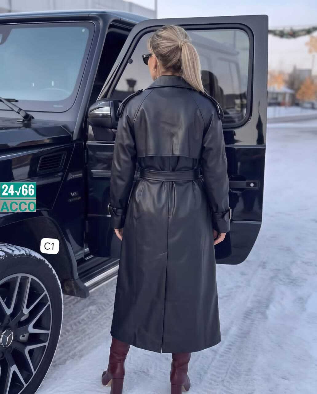 тренч из экокожи в базовом черном цвете,кожаный плащ женский,плащ тренч женский 46 48,тренч плащ кожаный,женский кожаный плащ длинный