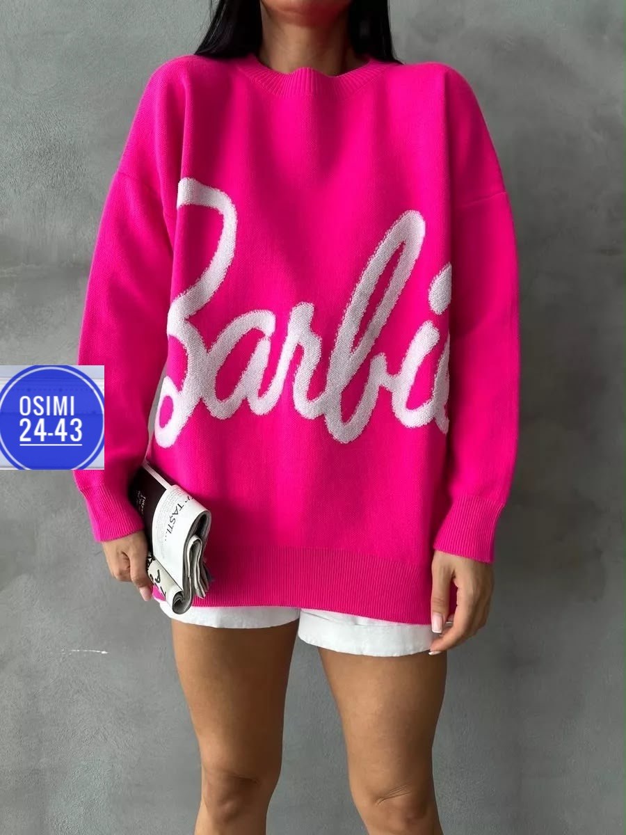 женская кофта,свитер оверсайз с надписью barbie,свитер кашемир,свитер барби оверсайз вязаный розовый,свитер женский