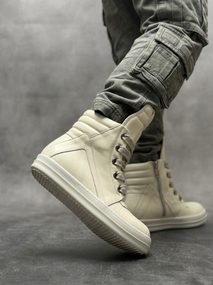 кожаные высокие кроссовки geobasket на шнуровке rick owens бежевый,высокие кроссовки rick owens geobasket high белый,,мужские высокие кроссовки,кроссовки rick owens