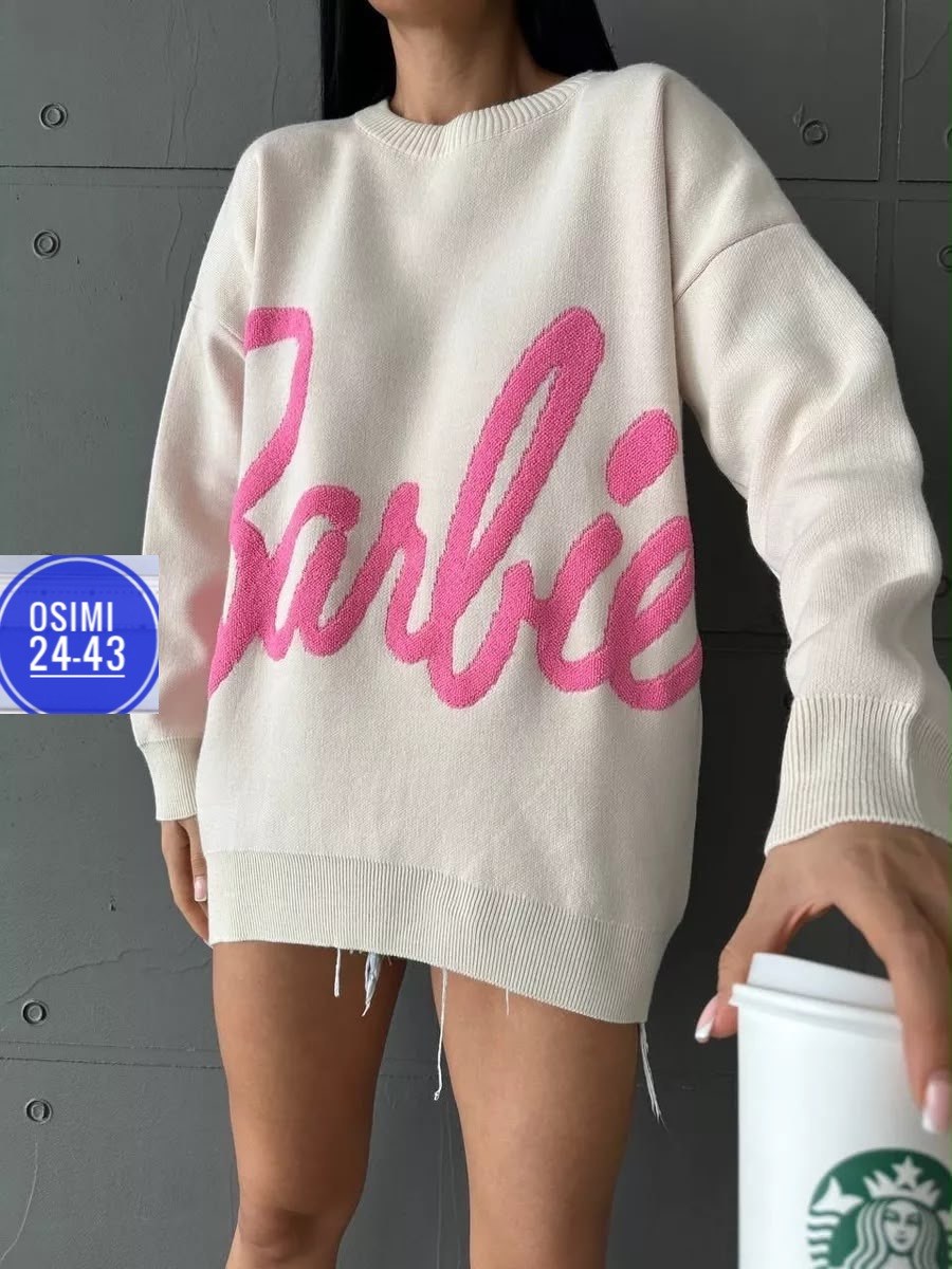 женская кофта,свитер оверсайз с надписью barbie,свитер кашемир,свитер барби оверсайз вязаный розовый,свитер женский