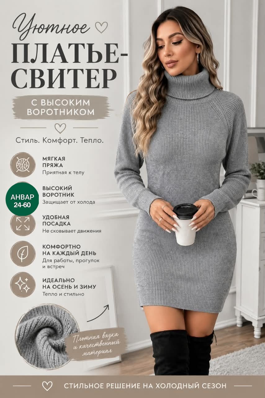 платье вязаное теплое,платье вязаное,трикотажное платье,платье свитер,женское платье серое лапша