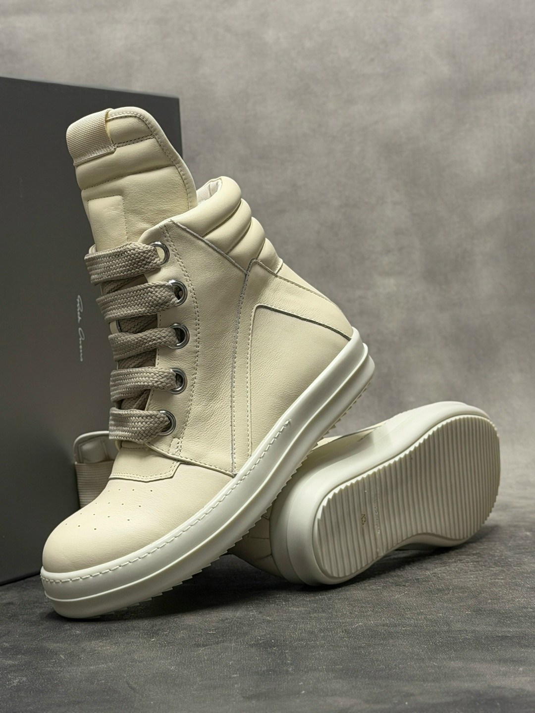 кожаные высокие кроссовки geobasket на шнуровке rick owens бежевый,высокие кроссовки rick owens geobasket high белый,,мужские высокие кроссовки,кроссовки rick owens