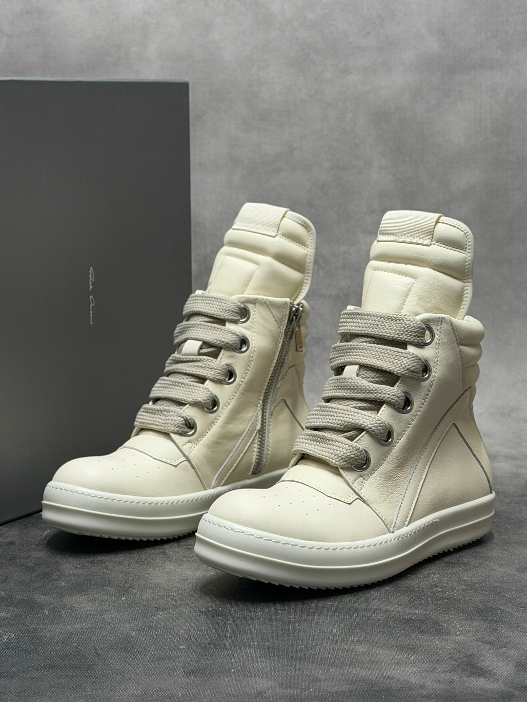 кожаные высокие кроссовки geobasket на шнуровке rick owens бежевый,высокие кроссовки rick owens geobasket high белый,,мужские высокие кроссовки,кроссовки rick owens