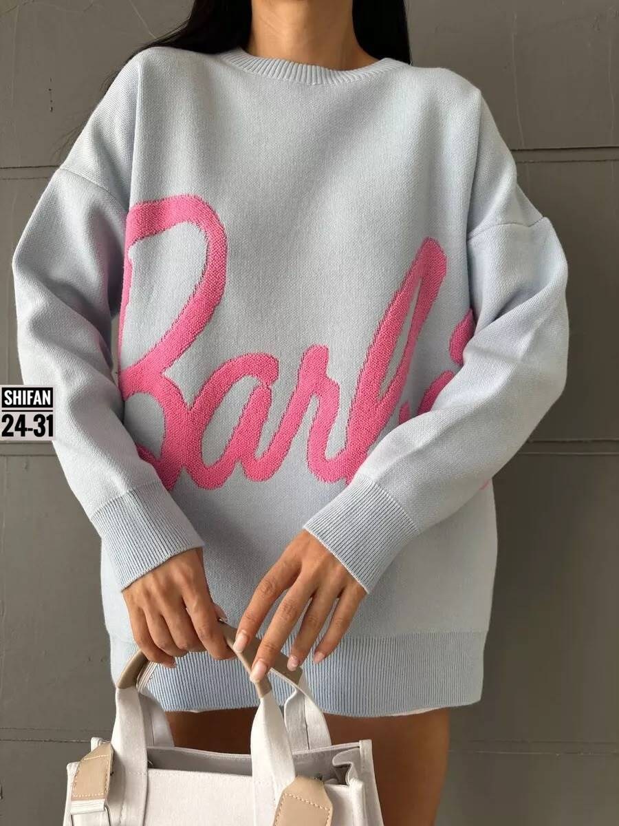 женская кофта,свитер оверсайз с надписью barbie,свитер барби оверсайз вязаный розовый,свитер кашемир,свитер оверсайз вязаный с принтом barbie
