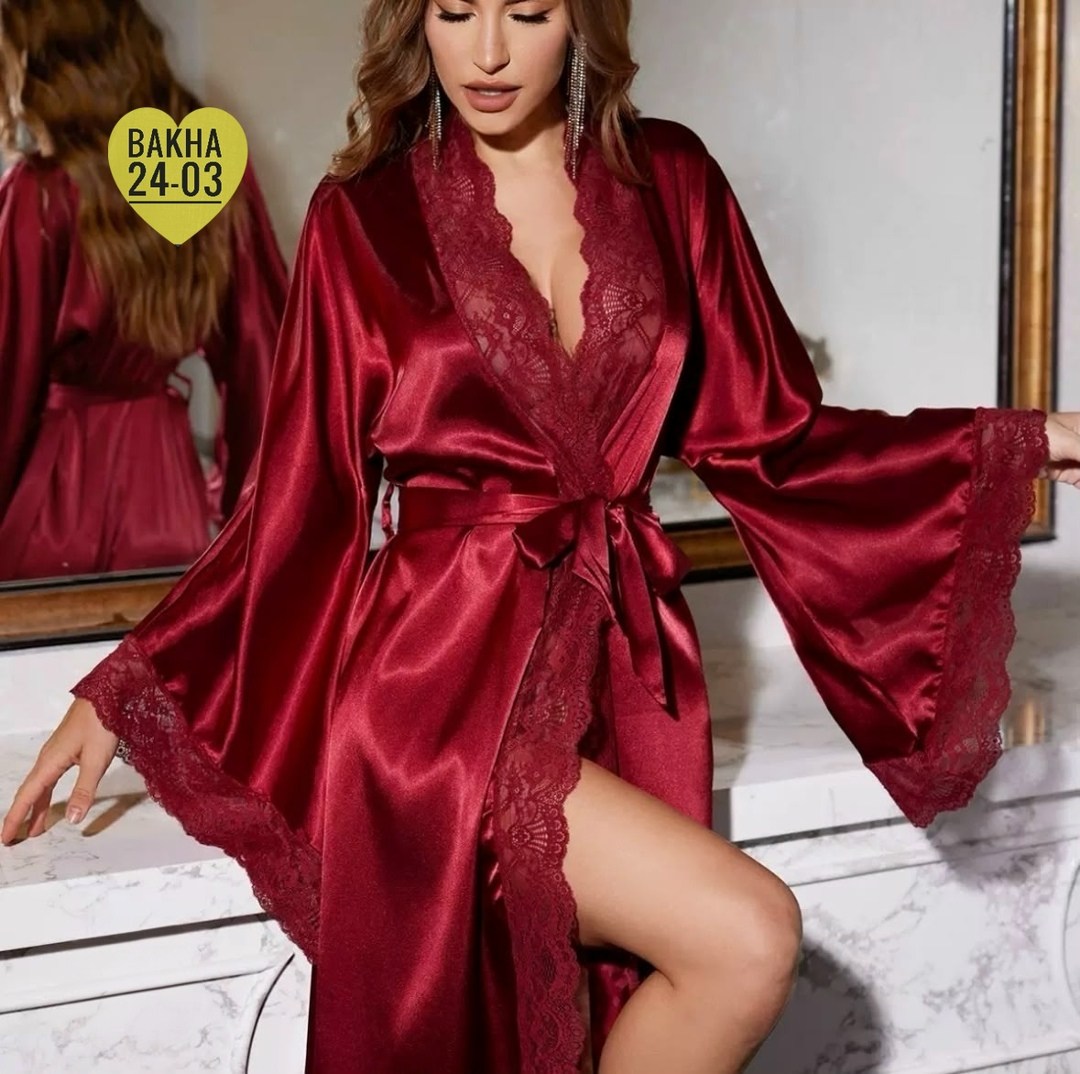 халат с длинными рукавами,атласный халат,халат атласный женский,шелковый халат,халат с кружевом