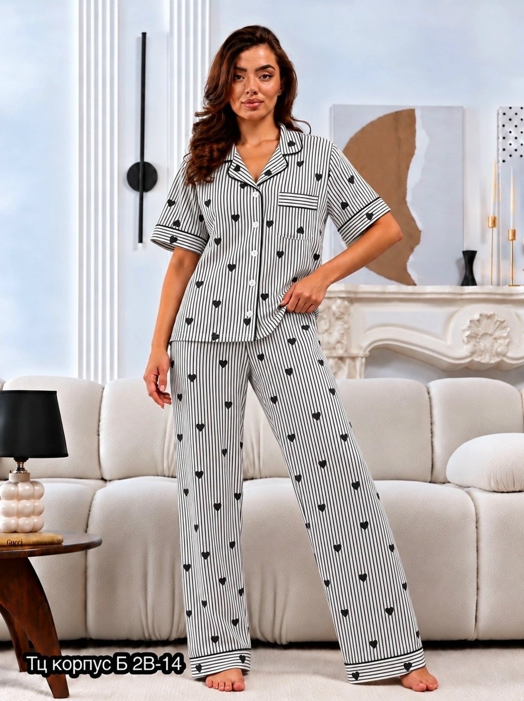 пижама женская с брюками m,l,xl,xxl,с сердечками,пижамы женски,пижама женская,домашняя пижама со штанами и рубашкой с сердечками q&h fashion,пижама женская со штанами и рубашкой