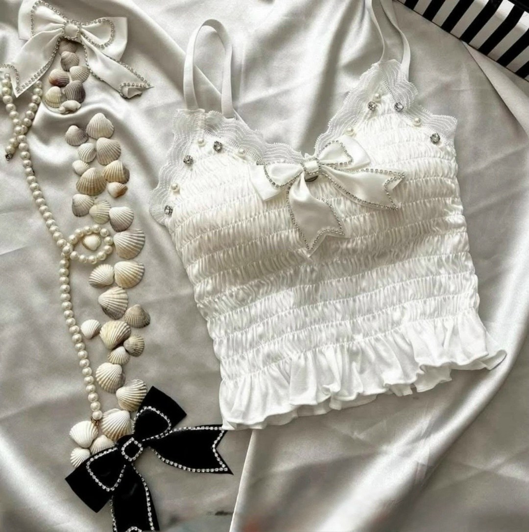 топ с атласным бантиком и жемчужинами h. h. fashion,кружевная майка,топ с атласным бантиком и жемчужинами h. h. fashion 216918244,летняя кружевная бретелька с бантом для женщин,топ с кружевной отделко