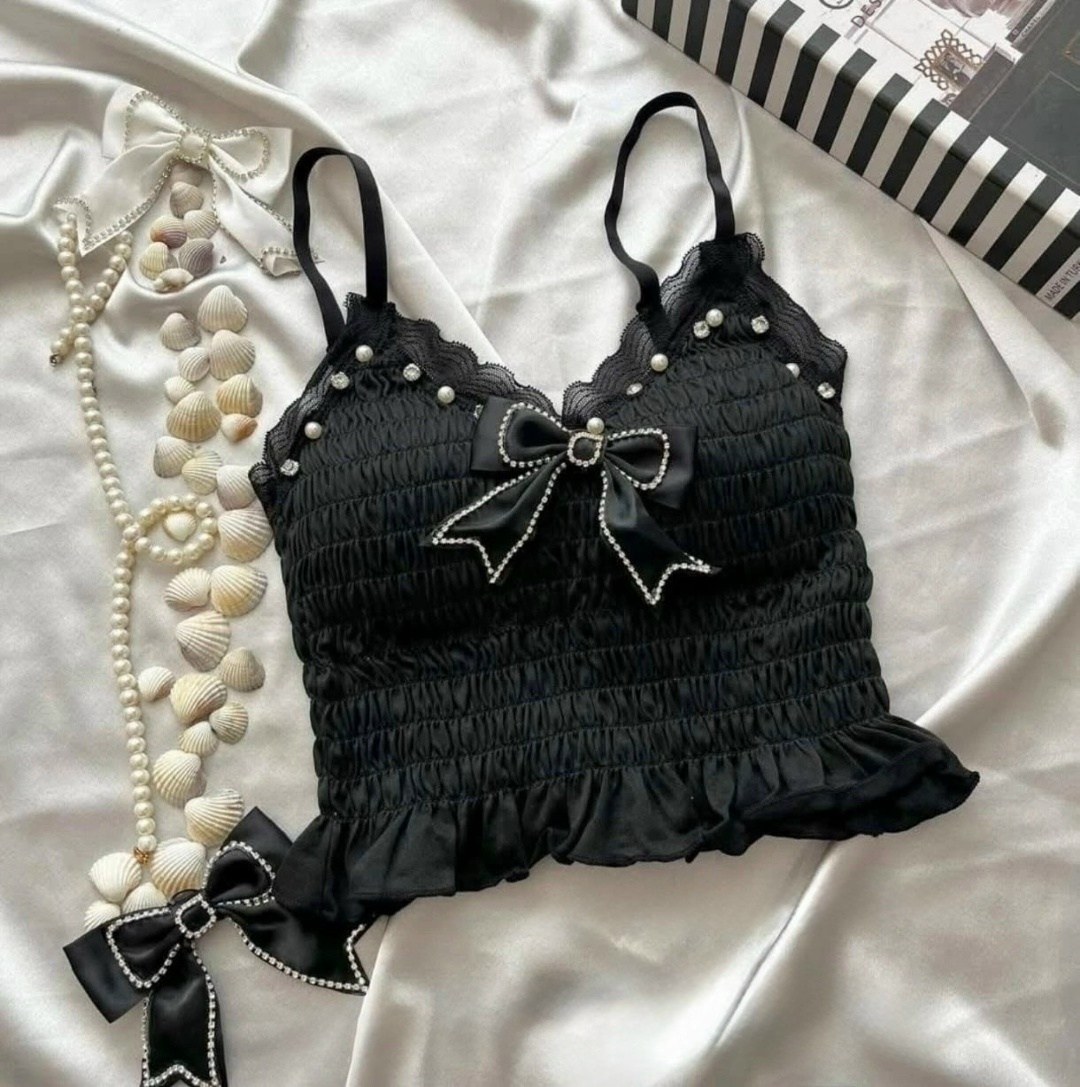 топ с атласным бантиком и жемчужинами h. h. fashion,кружевная майка,топ с атласным бантиком и жемчужинами h. h. fashion 216918244,летняя кружевная бретелька с бантом для женщин,топ с кружевной отделко