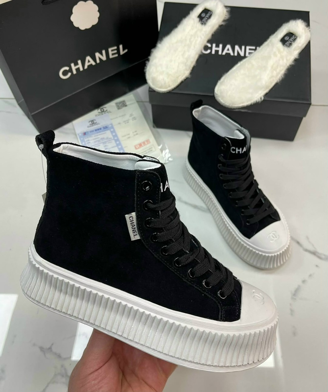 ,кеды chanel,кеды шанель,женская ,кеды chanel зимние чёрные с белым