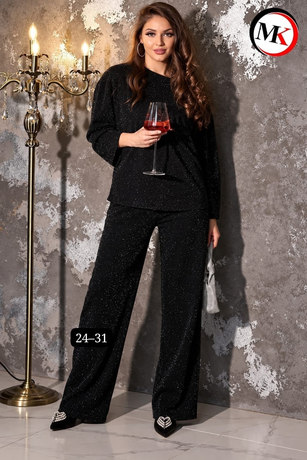 костюм из струящейся ткани с люрексом liona style 919,костюм с люрексом,праздничный брючный костюм,брючные женские костюмы,женский костюм
