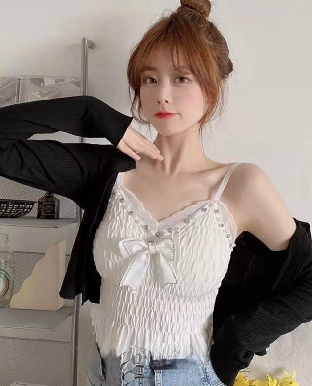 топ с атласным бантиком и жемчужинами h. h. fashion,кружевная майка,топ с атласным бантиком и жемчужинами h. h. fashion 216918244,летняя кружевная бретелька с бантом для женщин,топ с кружевной отделко