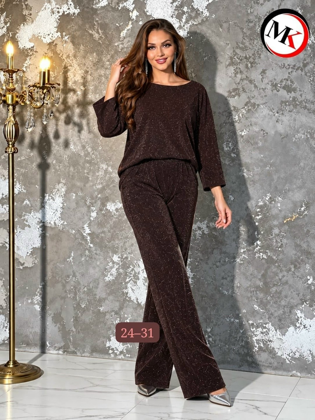 костюм из струящейся ткани с люрексом liona style 919,костюм с люрексом,праздничный брючный костюм,брючные женские костюмы,женский костюм