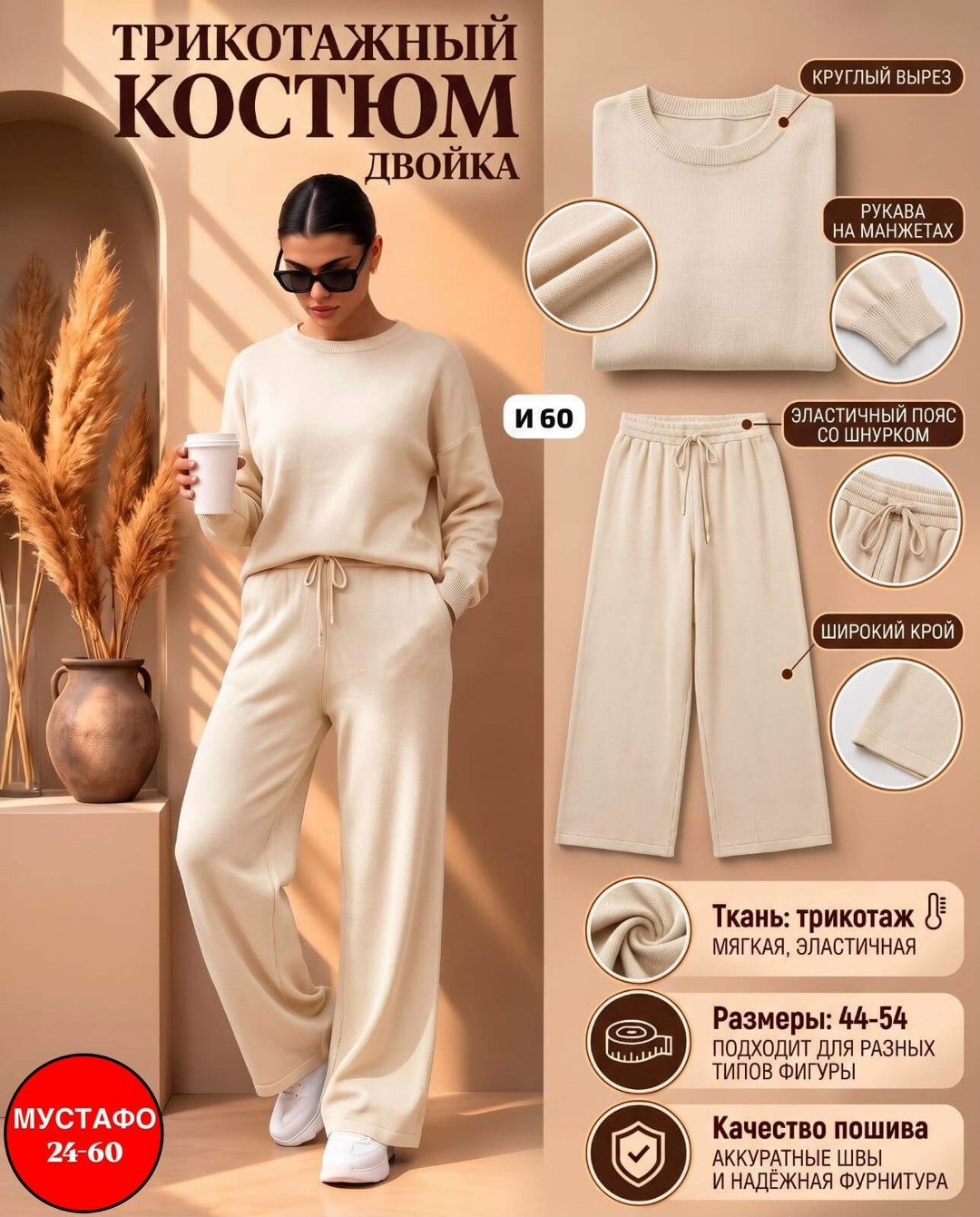 шерстяной костюм с широкими брюками al.clothes 180812124,трикотажные костюмы,кашемировый костюм женский,женский трикотажный костюм,кашемировый вязаный костюм