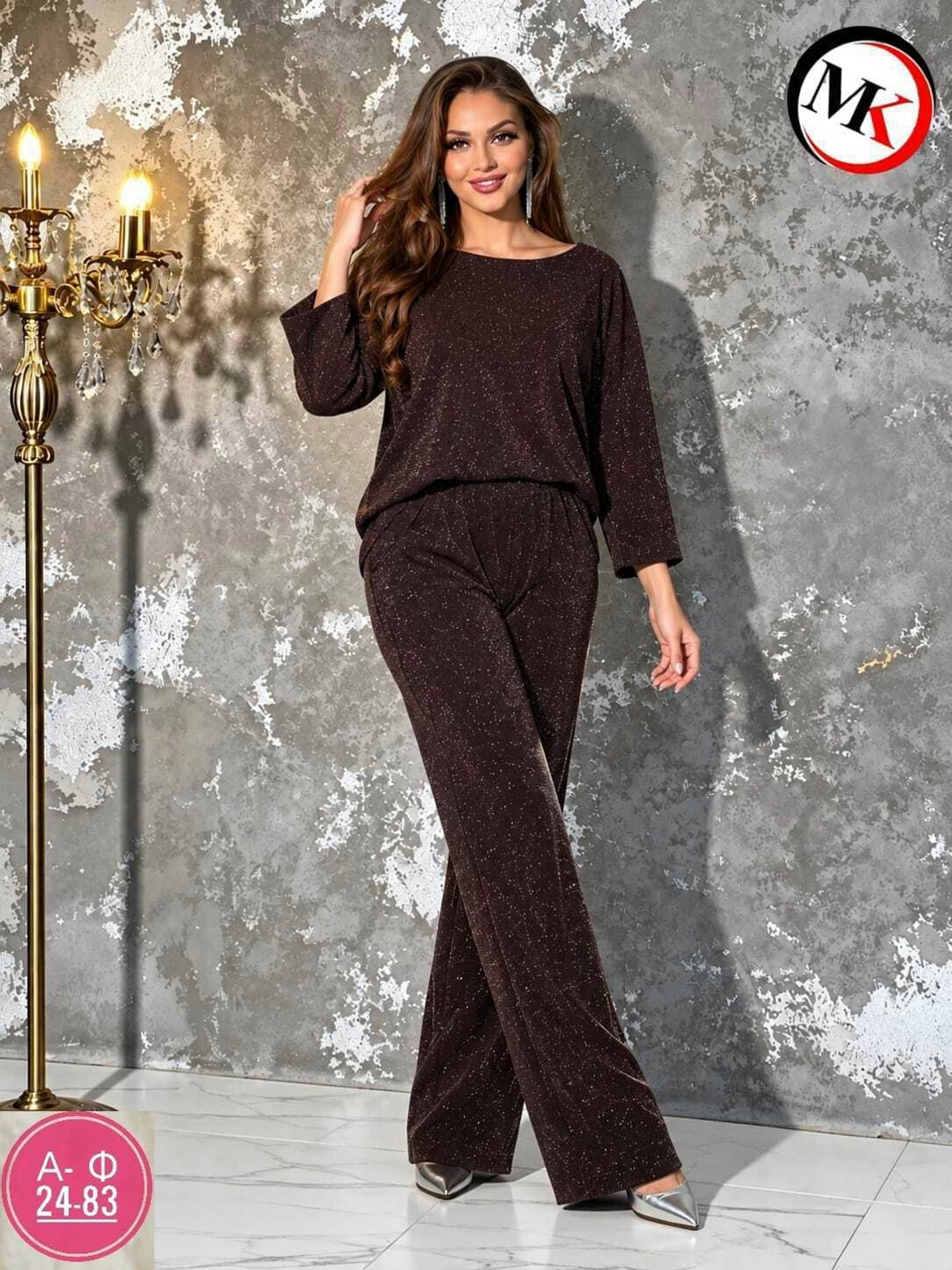 костюм новогодний блестящий с брюками палаццо и люрексом nam&ka 518141278,костюм нарядный с люрексом и брюками палаццо nam&ka 518141278,брючный костюм,костюм из качественного материала с люрексом и ши