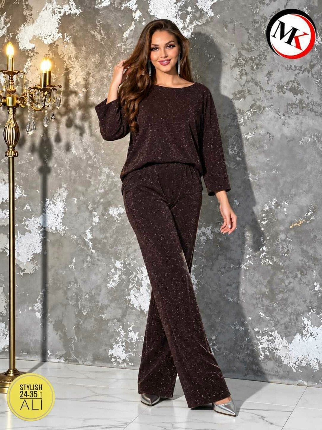 костюм новогодний блестящий с брюками палаццо и люрексом nam&ka 518141278,костюм нарядный с люрексом и брюками палаццо nam&ka 518141278,брючный костюм,костюм нарядный с люрексом и брюками палаццо nam&