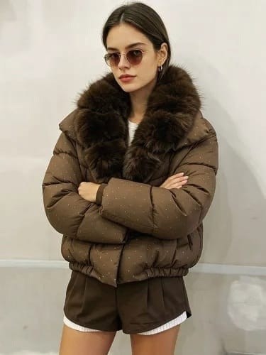 короткий пуховик,пальто lanmrem женское с большим меховым воротником,куртка модная,куртка женская с мехом,куртка пуховик