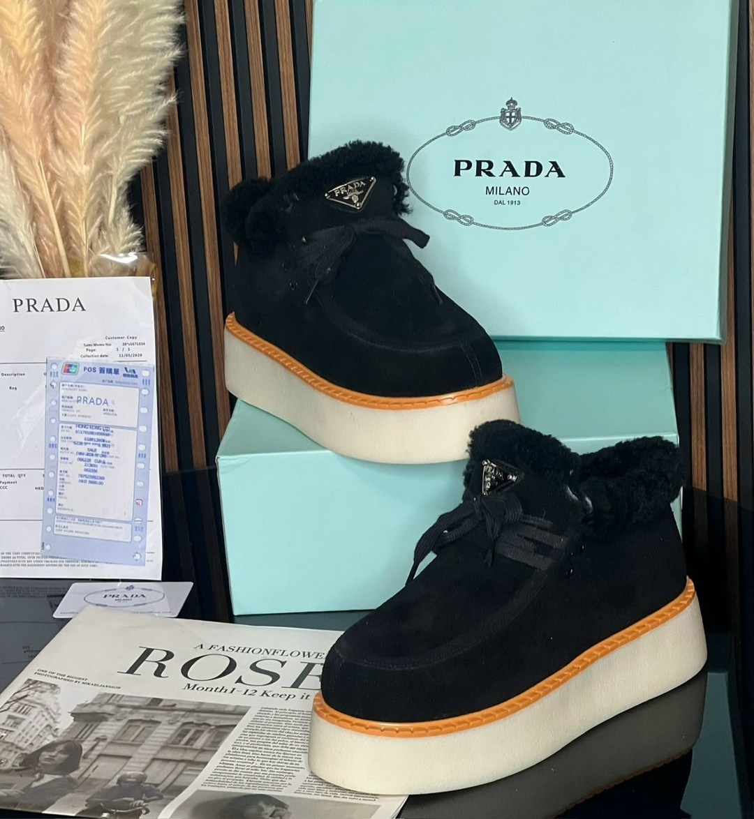 ,замшевые женские ботинки с мехом prada черные,угги прада,ботинки женские зимние prada на меху premium,угги prada