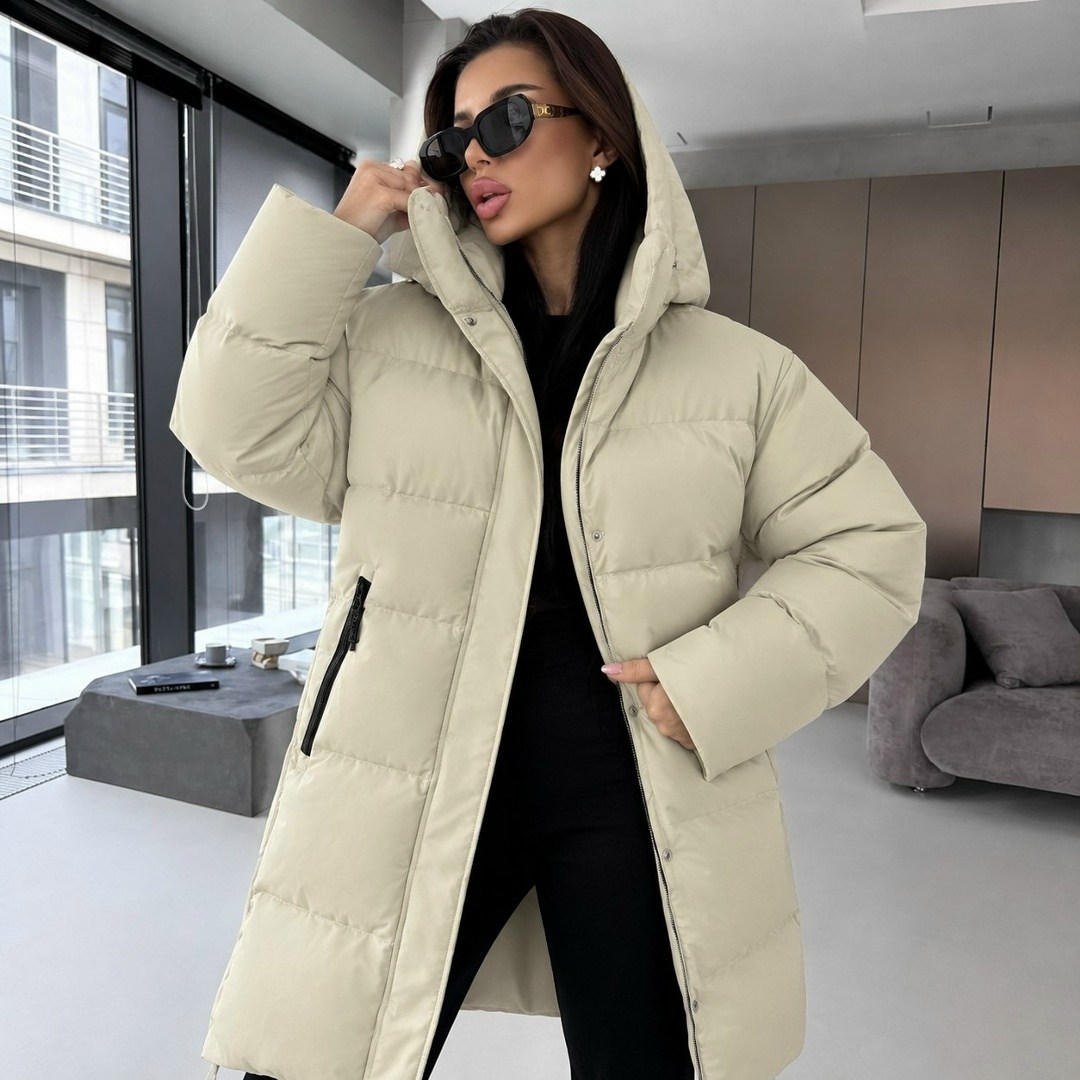пуховик зимний длинный с капюшоном v-fashion 250892481,удлиненная куртка,женский пуховик зимний,пуховик бежевый,пуховик зимний длинный с капюшоном v-fashion