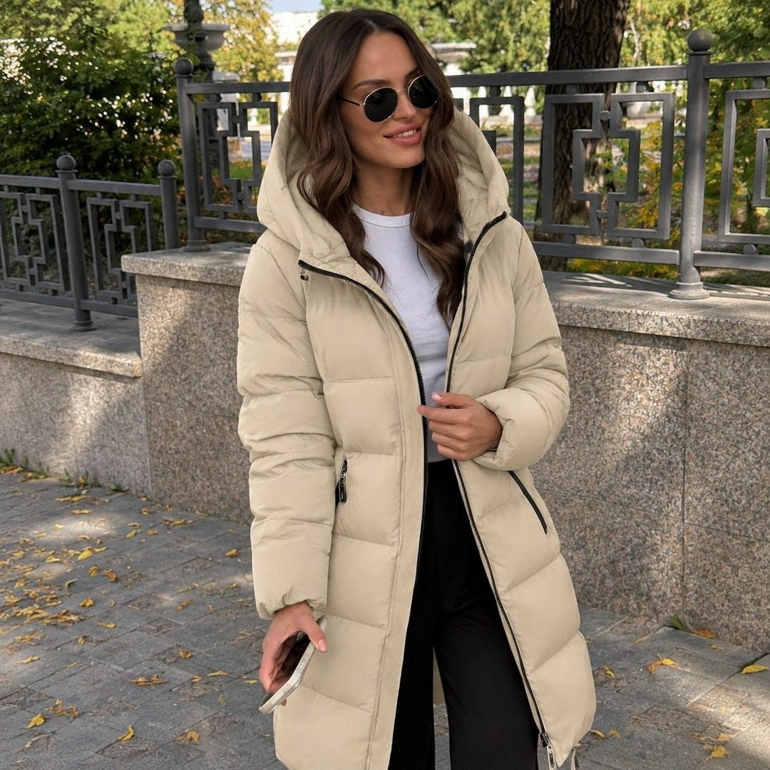 пуховик зимний длинный с капюшоном v-fashion 250892481,удлиненная куртка,женский пуховик зимний,пуховик бежевый,пуховик зимний длинный с капюшоном v-fashion