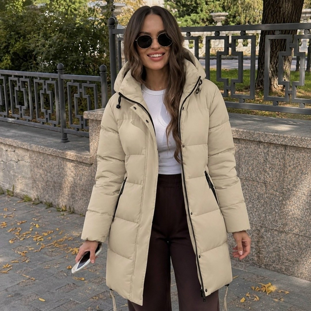 пуховик зимний длинный с капюшоном v-fashion 250892481,удлиненная куртка,женский пуховик зимний,пуховик бежевый,пуховик зимний длинный с капюшоном v-fashion