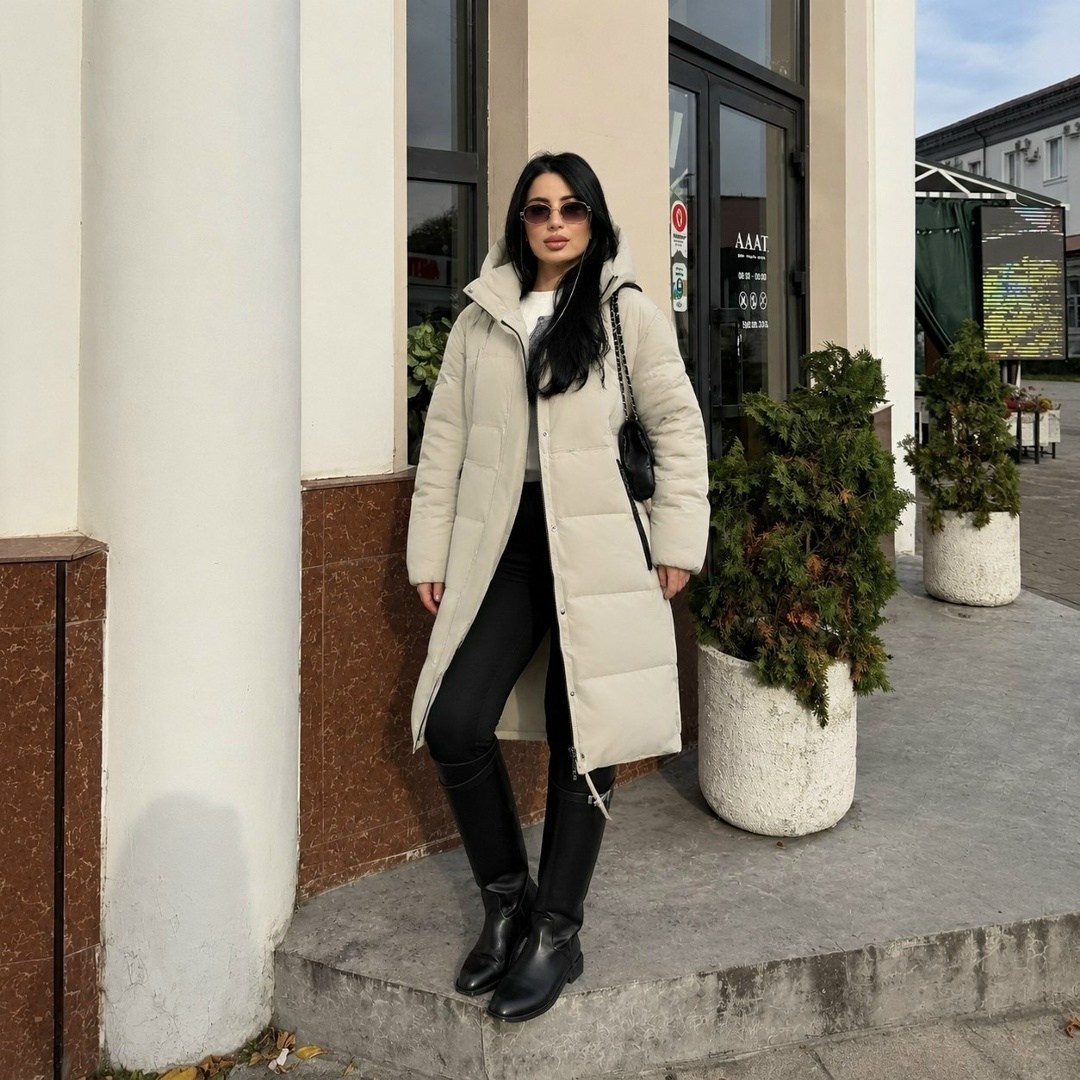 пуховик зимний длинный с капюшоном v-fashion 250892481,удлиненная куртка,женский пуховик зимний,пуховик бежевый,пуховик зимний длинный с капюшоном v-fashion